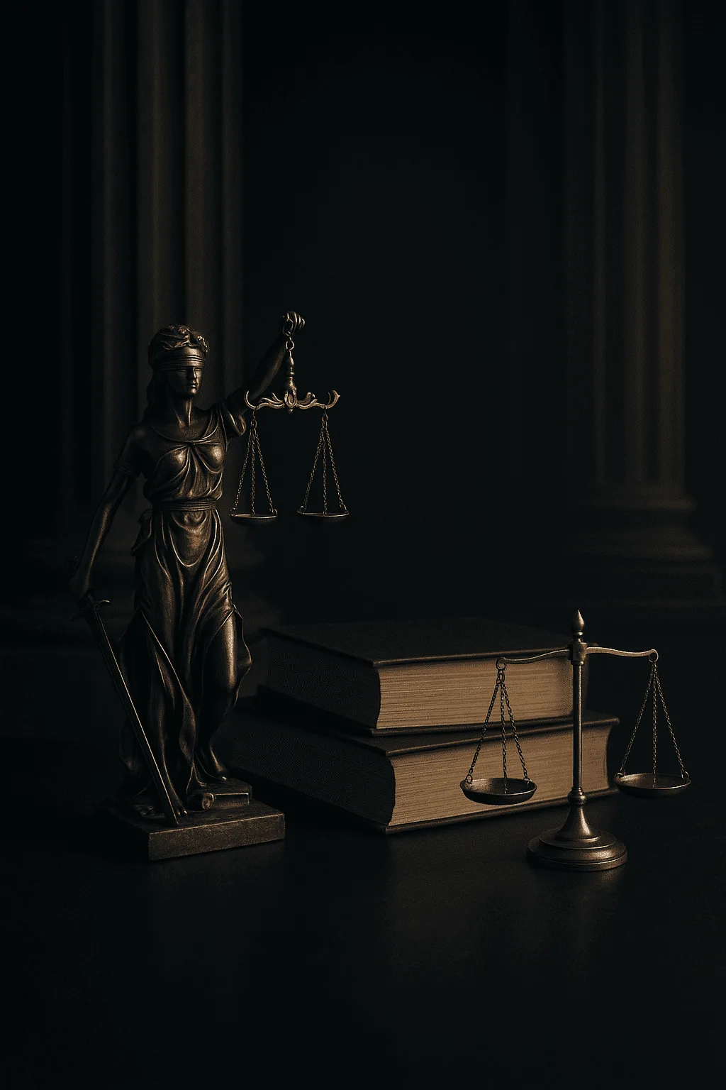 Estátua da Deusa da Justiça ao lado de livros e uma balança